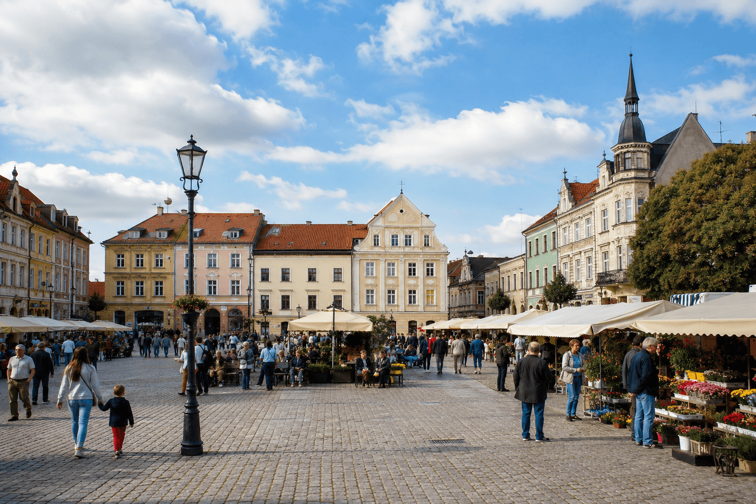 Rynek starego miasta pełen przechodniów